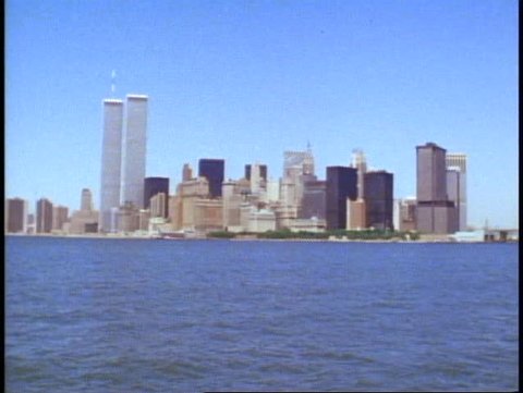 NEW YORK CITY, 1982, POV Approaching the Battery, World Trade Towers, wide