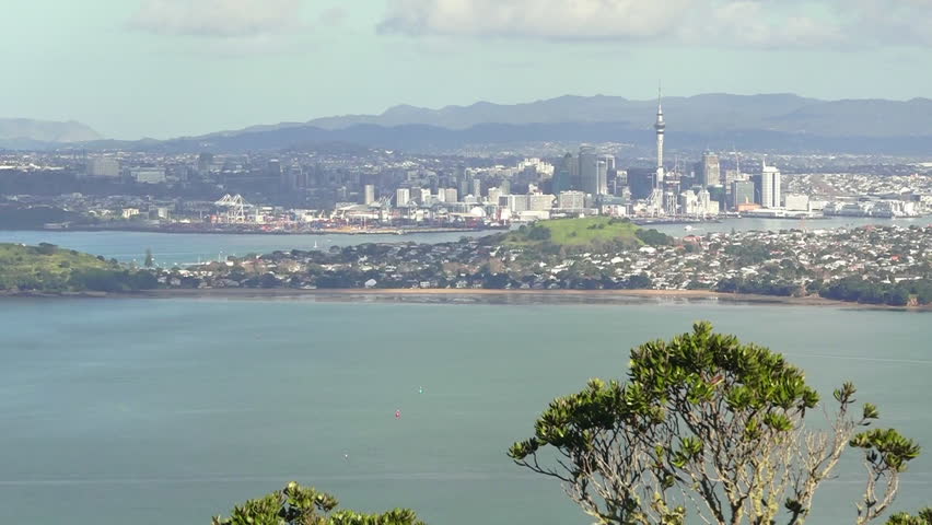 Auckland city skyline as view from Rangitoto Island, New Zealand.