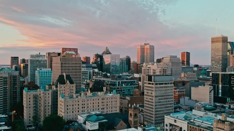 areal drone footage of montreal canada at sunset