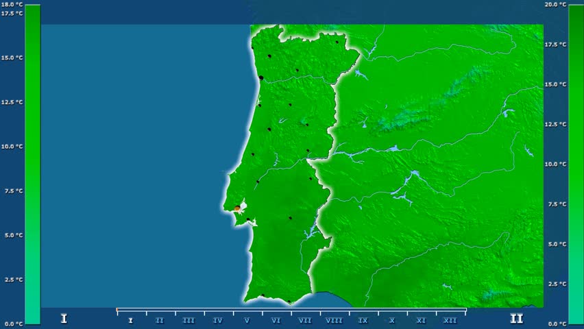 Maximum temperature by month in the Portugal area with animated legend - glowing shape, administrative borders, main cities, capital. Stereographic projection