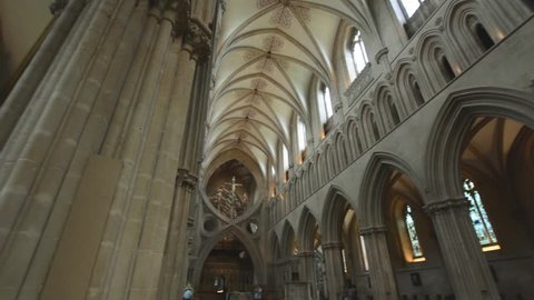 Wells, England - June 2, 2018: Interior of Wells Cathedral - Scan of Triforium Gallery, Top element of Nave