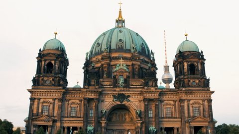 Berlin Cathedral (Berliner Dom) and Fernsehturm (Television tower) sunset. Static shot filmed in 4k UHD 2160p