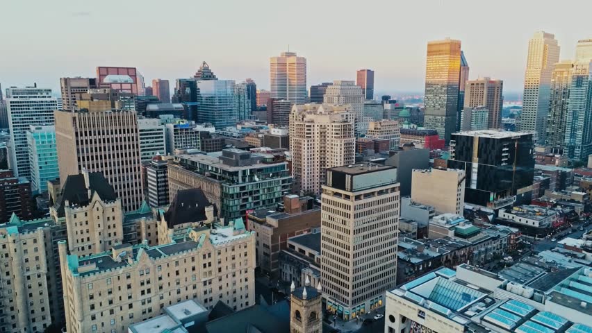 Aerial footage of Montreal during a hazy summer day
