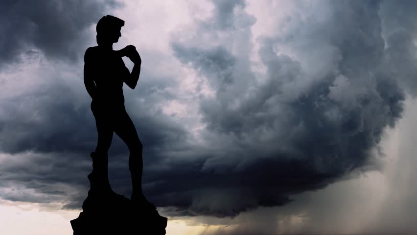 Bronze statue of David of the famous Michelangelo Square in Florence, Huge Clouds, Storm Time Lapse