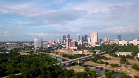 Drone video showing trinity park and downtown fort worth texas