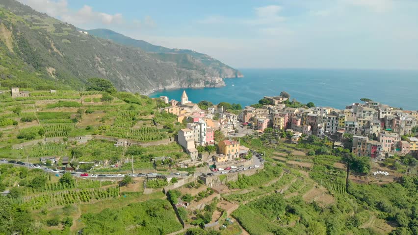 Corniglia - Village of Cinque Terre National Park at Coast of Italy. Province of La Spezia, Liguria, in the north of Italy - Aerial View - Travel destination and attractions in Europe.