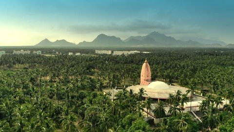 Kanyakumari landscape from the sky with temple in the foreground and hills horizon