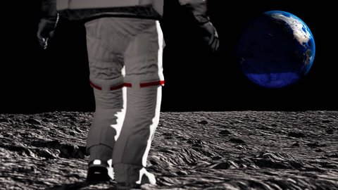 Astronaut walking on the moon and admiring the beautiful Earth. Waving his hand to the Earth. CG Animation. Elements of this video furnished by NASA.