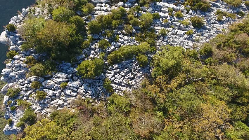 Close flight over some rocks and bushes discovering a cliff in vercors massif. Drone shot.
