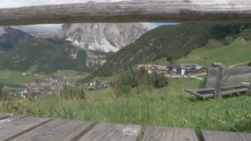 Slider shot of village of Corvara and surrounding mountains, Alta Badia, Province of Belluno, Italian Dolomites, Italy, Europe
