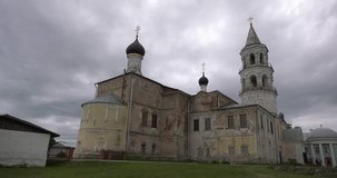 4K summer day video of churches and cathedrals in Borisoglebsky Monastery in small vintage town Torzhok in Tver Oblast, half way between Moscow and Saint Petersburg, in Russia