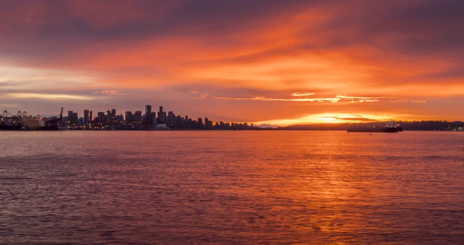 Time lapse of Vancouver Skyline from North Vancouver at sunset, Vancouver, British Columbia, Canada, North America