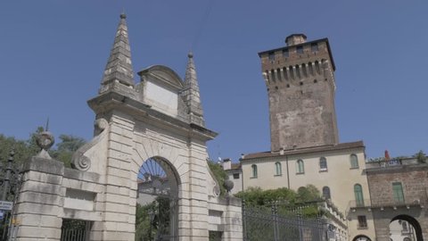 View of Torre di Castello Tower and entrance to Giardino Salvi Park from Viale Roma, Vicenza, Veneto, Italy, Europe