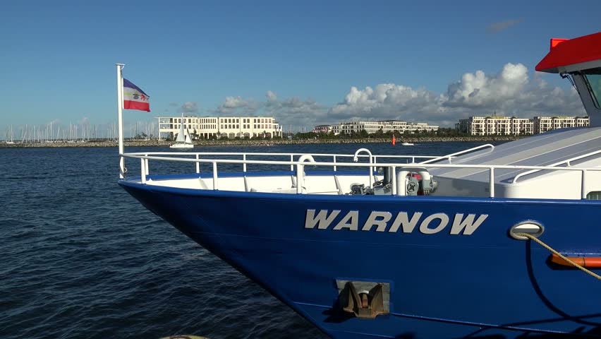 Police boat at the harbour entrance of Warnemuende, Rostock, Mecklenburg-Western Pomerania, Germany