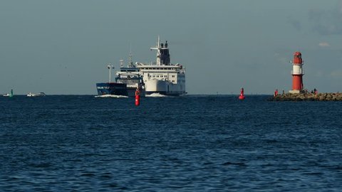 Maritime traffic at the harbour entrance of Warnemuende, Rostock, Mecklenburg-Western Pomerania, Germany