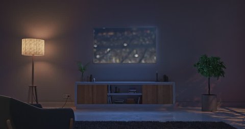 Footage of a living room led tv on white wall showing 3D rendered sports stadium.