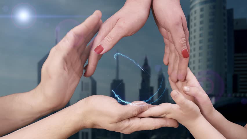 Men's, women's and children's hands show a hologram Safe. The family holds a magical inscription on the background of a modern city Royalty-Free Stock Footage #1013754362