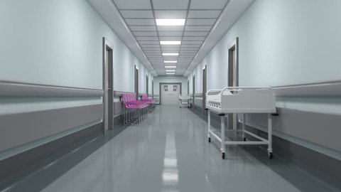 Hospital corridor, visitor, walks through halls. A modern hospital, the doors open, the entrance to the operating room. Green box. 3d animation