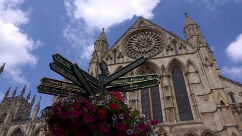 York minster cathedral England UK North Yorkshire Sign post showing highlights of this ancient city 4K 