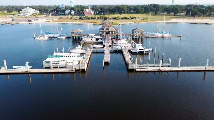 Flying my drone over a Dock in Biloxi Mississippi on the beach over a small Harbor.