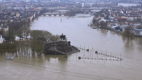 Flood at Deutsches Eck of rivers Rhine and Moselle, January 2018, Koblenz, Rhineland-Palatinate, Germany