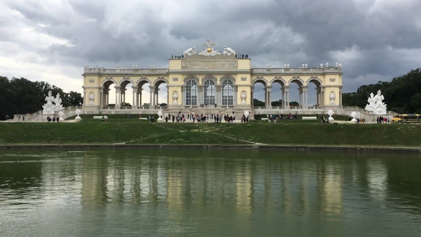 Gloriette, Hilltop 18th-century triumphal arch with arcades, an imperial eagle on a globe & an airy cafe in Vienna