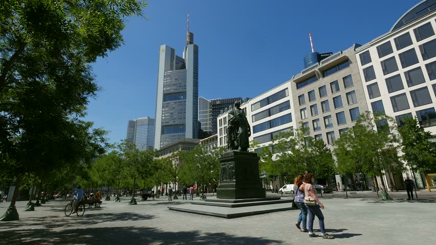 Goethe Monument at Goetheplatz and Commerbank Building, Frankfurt am Main, Hesse, Germany