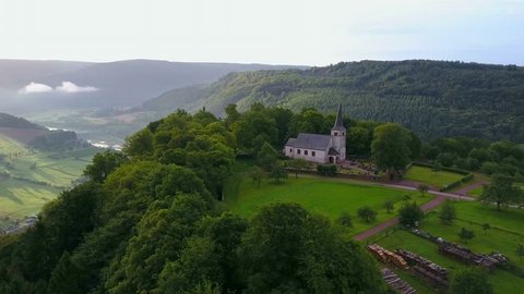 Aerial view of the Funerary Chapel for John of Luxembourg and old church St. Johannes, Kastel-Staadt, Saar Valley, Rhineland-Palatinate, Germany
