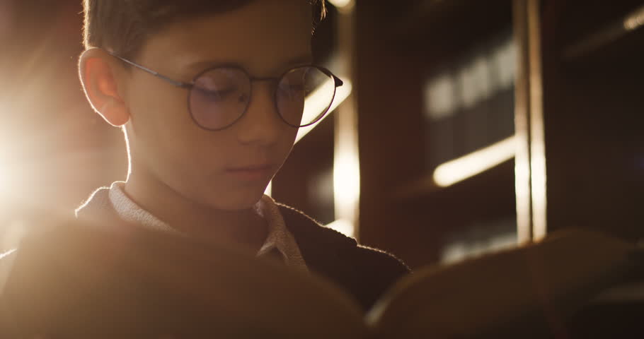 Close up of the teen boy in glasses reading a book while standing in the dark library in sunlight.