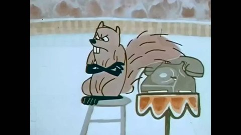 CIRCA 1960s - A cartoon shows an elephant talking on the phone with his mouth full and later, a hog makes a fox wait to use a telephone, in a circus.