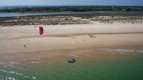 Aerial. Kitesurf on the islands in the sea on Ria Formosa. Tavira.Video from the air droning.