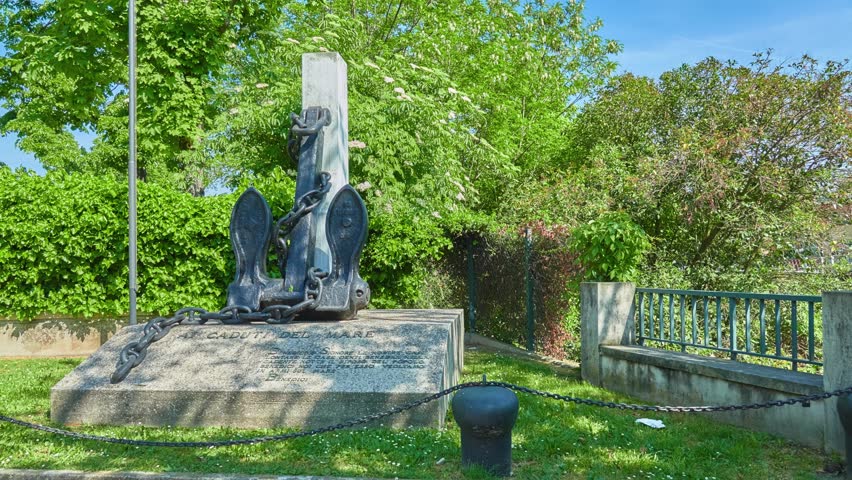 Monument At Caduti del Mare with anchor near Sile River in Treviso, Veneto, northern Italy.