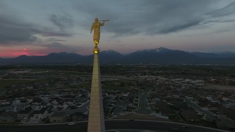 Aerial view of Angel Moroni on LDS Oquirrh Mountain Temple