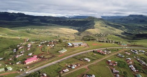 Aerial shot of modern African Zulu village in the Mountains