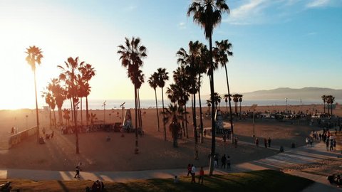 Venice Beach Drone in Los Angeles, CA with beautiful sunshine during summer next to The Pier on the Beachfront with Skaters skating in the park