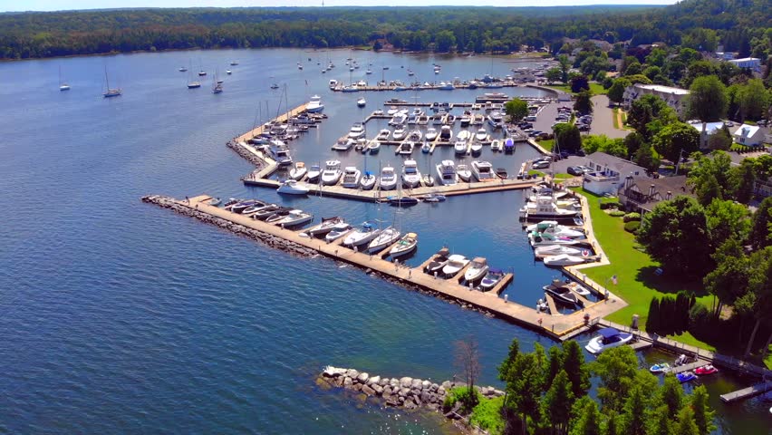 Busy scenic harbor on summer day, Door County, Wisconsin. 
