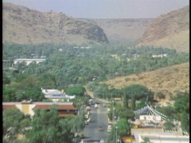 ALICE SPRINGS, AUSTRALIA, 1985, Overhead shot of main street, the outback