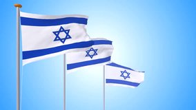 Three flags of Israel develops in the wind on a blue gradient background. 3D animation of the symbol of the state in its expanded form. Quality 4K video encoded in the video.