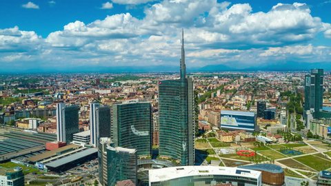 sunny day milan city modern downtown aerial panorama 4k timelapse italy