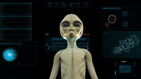 Alien presses the keys on sci-fi hologram screen. Realistic motion background. 4K.