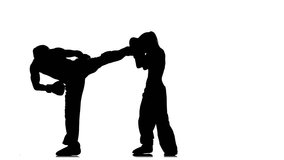Men with a girl in helmets and kickboxing gloves beating in the ring . Silhouette. White background - Powered by Shutterstock - Get 15% off with code: PIKWIZARD15