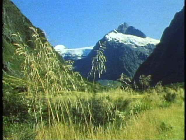 SOUTH ISLAND, NEW ZEALAND, 1985, Fjordland National Park, snowcapped mountains