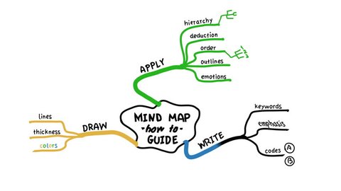 Educational example of mind map, performed as animated drawing sketch with markers on a whiteboard. Lines and inscriptions are appearing step by step. Ultra definition 4K video with aspect 1,78