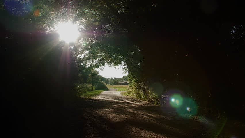 Path leading into sunlight with lens flair in a nature reserve in Milton Keynes England.