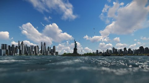 Statue of Liberty and ships sailing, Manhattan, New York City against blue sky, 4K: film stockowy