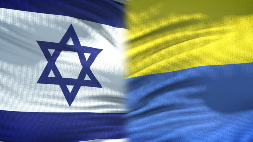 Israel and Ukraine handshake, international friendship policy, flag background