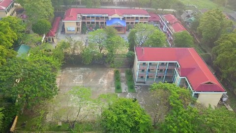 View from high above dawn down the high school in Muong Cha district, Dien Bien province, Viet Nam. date 20/04/2018