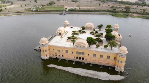 Aerial panoramic view of Jal Mahal (Water Palace) on Man Sagar Lake in famous historical city of Jaipur (Pink City) - capital city of Rajasthan, landscape panorama of Northern India, Asia from above