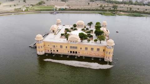 Aerial panoramic view of Jal Mahal (Water Palace) on Man Sagar Lake in famous historical city of Jaipur (Pink City) - capital city of Rajasthan, landscape panorama of Northern India, Asia from above