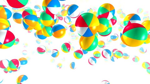 Beach balls fly and jump against a white background. 3D animation of round objects with bright colors on the background of a fog in the fog.
